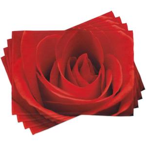 Ambesonne Rose Place Mats Set of 4, Close up Macro of a Red Rose Bloom Fresh Natural Beauty Valentine’s Day Couples Theme, Washable Fabric Placemats for Dining Table, Standard Size, Vermilion