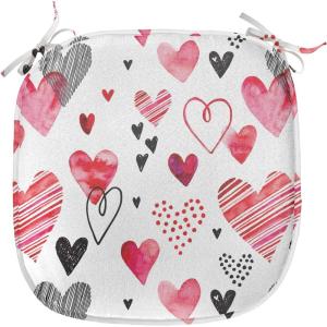 Ambesonne Valentine Chair Seating Cushion Set of 4, Different Types of Heart Shapes Romance Love Theme Watercolor Striped Art, Anti-Slip Seat Padding for Kitchen & Patio, 16″x16″, Pink Black White(Pink Black White)