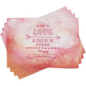 Ambesonne Valentines Day Place Mats Set of 4, Color My Love Deep as The Ocean Romantic Her Star Hearts Arrow, Washable Fabric Placemats for Dining Table, Standard Size, Pink Coral