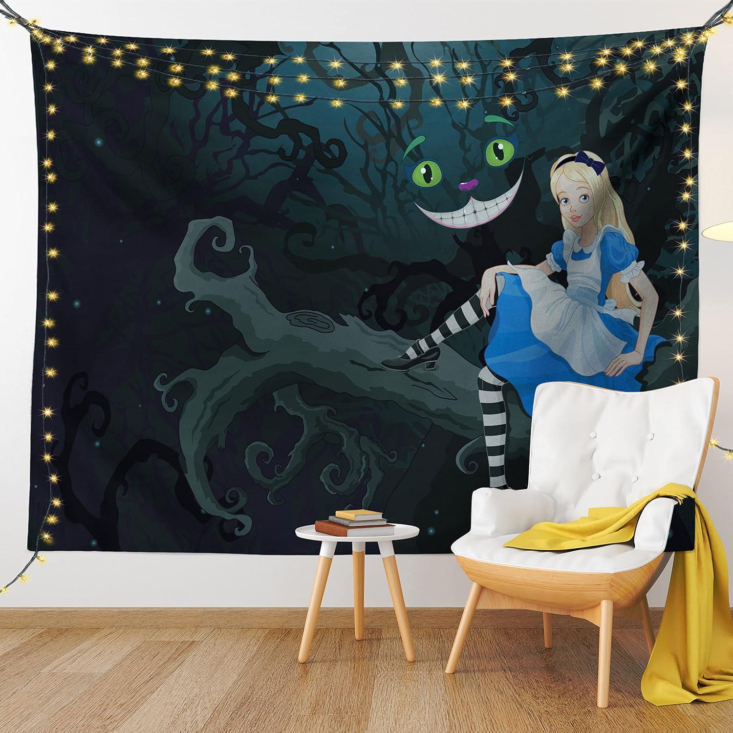 imageAmbesonne Alice in Wonderland Tapestry Alice Sitting on Branch and Chescire Cat in Darkness Cartoon Style Wall Hanging for Bedroom Living Room Dorm Decor 40 X 60 Dark Green