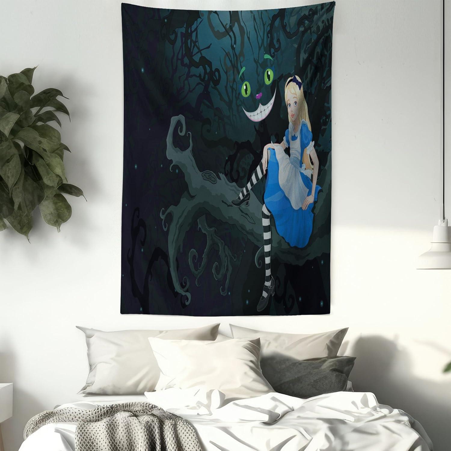 imageAmbesonne Alice in Wonderland Tapestry Alice Sitting on Branch and Chescire Cat in Darkness Cartoon Style Wall Hanging for Bedroom Living Room Dorm Decor 40 X 60 Dark Green