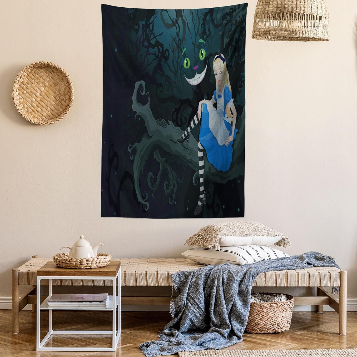 imageAmbesonne Alice in Wonderland Tapestry Alice Sitting on Branch and Chescire Cat in Darkness Cartoon Style Wall Hanging for Bedroom Living Room Dorm Decor 40 X 60 Dark Green