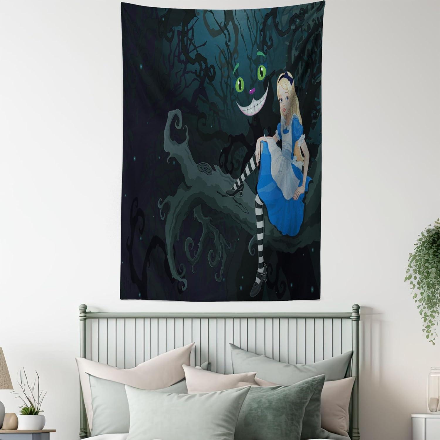 imageAmbesonne Alice in Wonderland Tapestry Alice Sitting on Branch and Chescire Cat in Darkness Cartoon Style Wall Hanging for Bedroom Living Room Dorm Decor 40 X 60 Dark Green