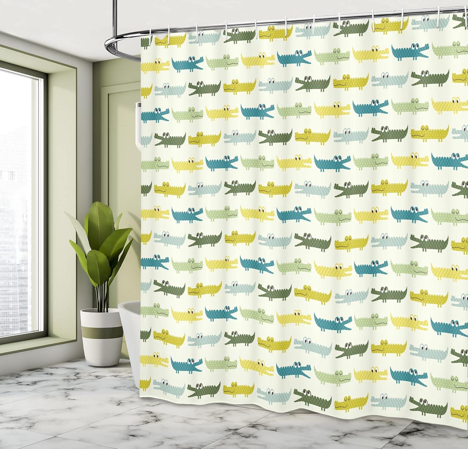 imageAmbesonne Animal Shower Curtain Crocodile Characters in Cartoon Style Funny Faces Animal Alligators Cloth Fabric Bathroom Decor Set with Hooks 69 W x 70 L Yellow Green Teal
