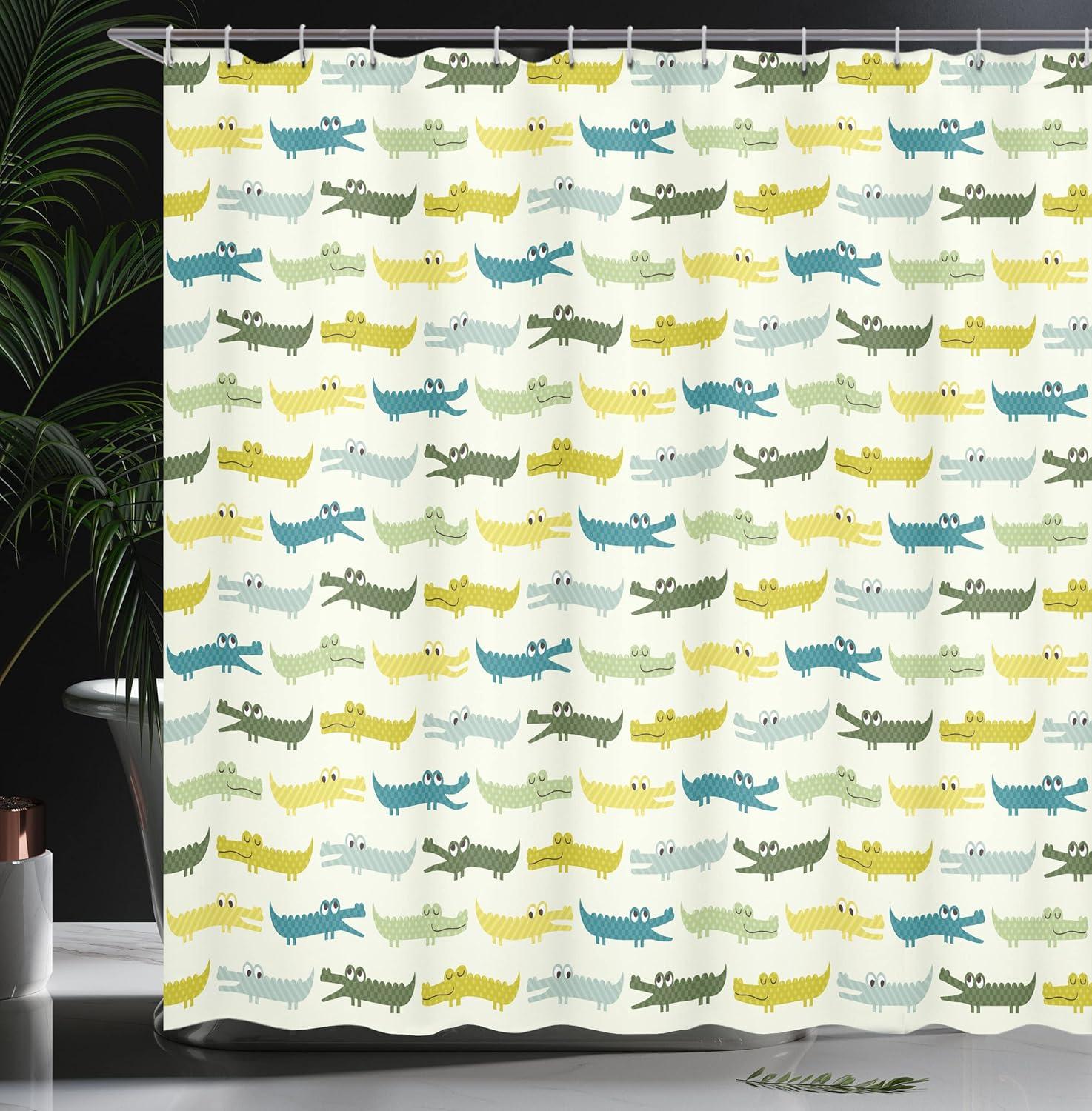 imageAmbesonne Animal Shower Curtain Crocodile Characters in Cartoon Style Funny Faces Animal Alligators Cloth Fabric Bathroom Decor Set with Hooks 69 W x 70 L Yellow Green Teal