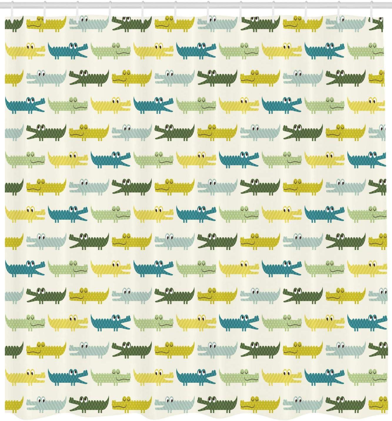 imageAmbesonne Animal Shower Curtain Crocodile Characters in Cartoon Style Funny Faces Animal Alligators Cloth Fabric Bathroom Decor Set with Hooks 69 W x 70 L Yellow Green Teal