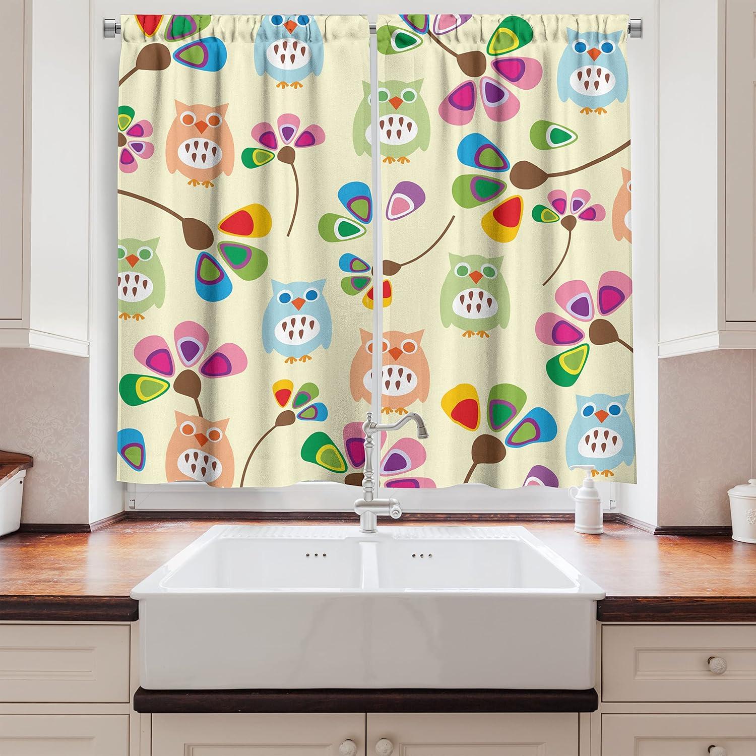 imageAmbesonne Cartoon Kitchen Curtains Design Owls with Flowers Leaves Branches Design for Kid Nursery Room Landscape Window Drapes 2 Panel Set for Kitchen Cafe Decor 55 x 39 Pastel Beige