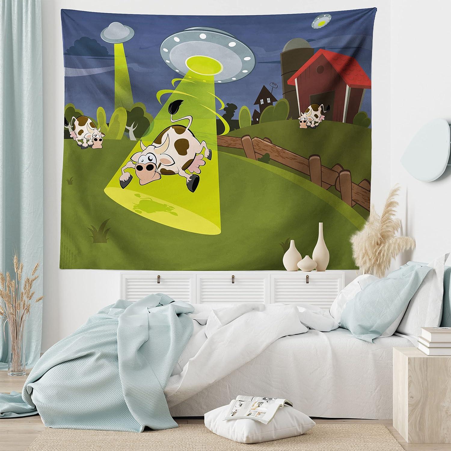 imageAmbesonne Cartoon Tapestry Farm Warehouse Grass Fences Cow Alien Abduction Funny Comics Image Art Print Fabric Wall Hanging Decor for Bedroom Living Room Dorm 45 X 30 Brown Green