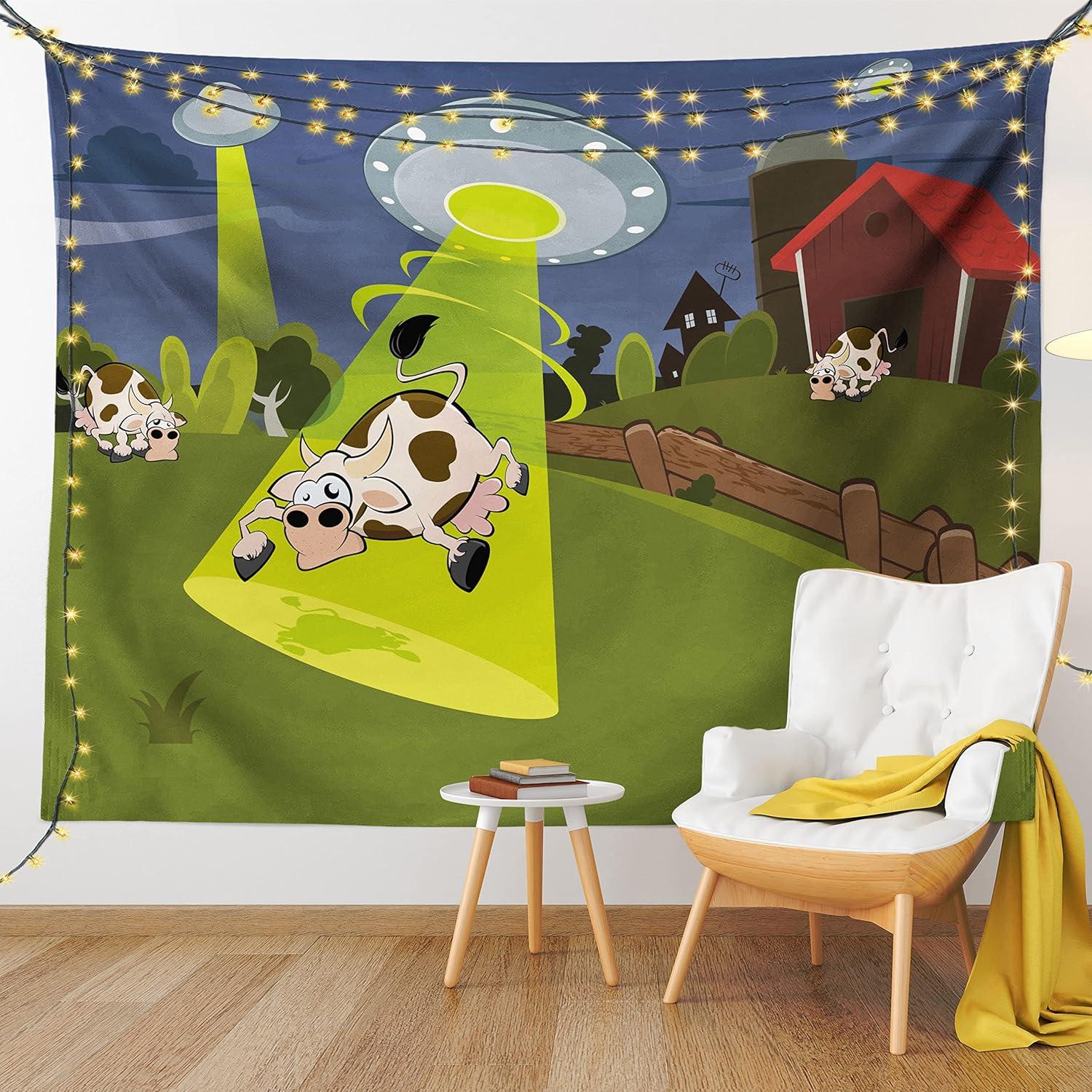 imageAmbesonne Cartoon Tapestry Farm Warehouse Grass Fences Cow Alien Abduction Funny Comics Image Art Print Fabric Wall Hanging Decor for Bedroom Living Room Dorm 45 X 30 Brown Green