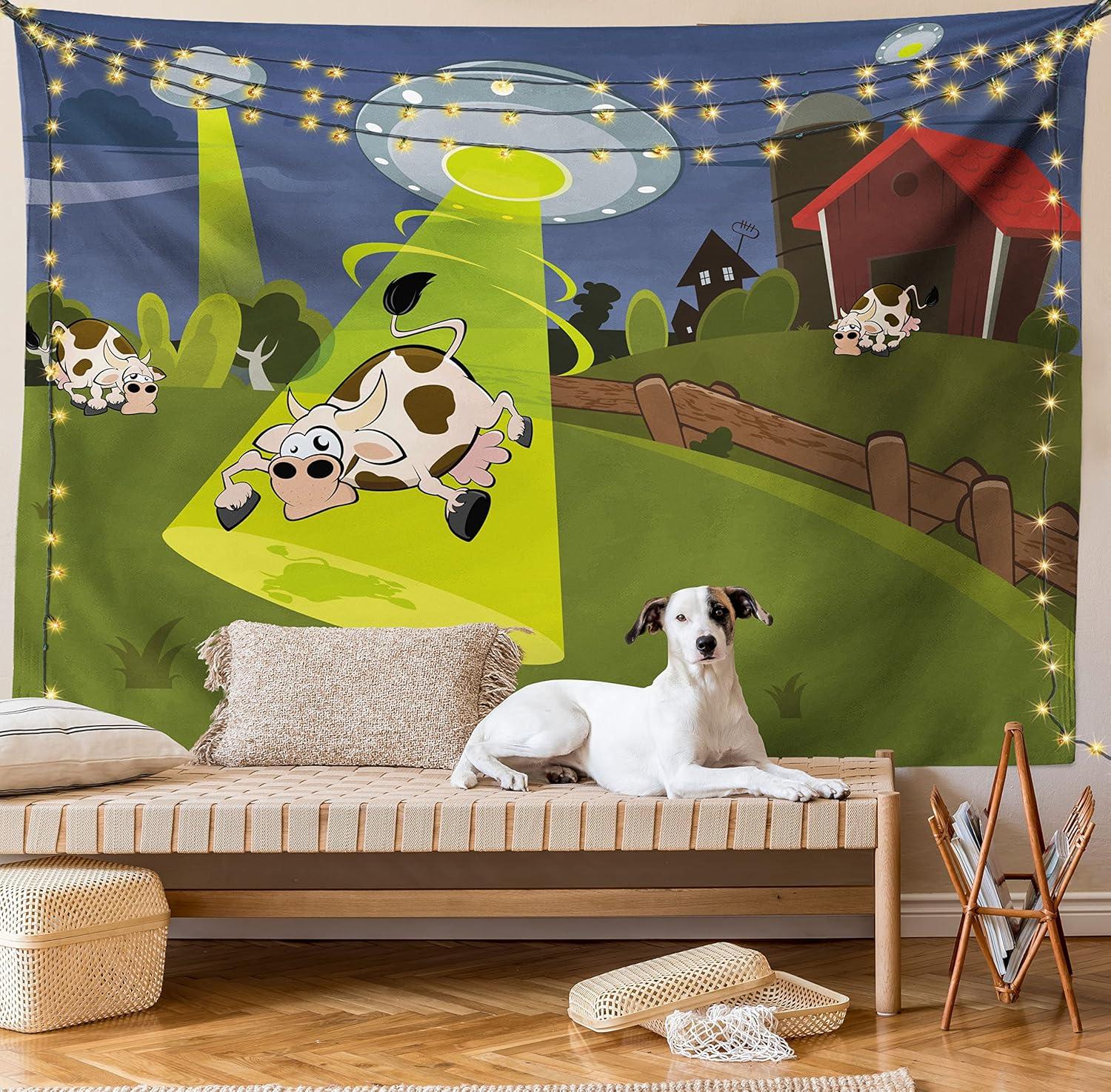 imageAmbesonne Cartoon Tapestry Farm Warehouse Grass Fences Cow Alien Abduction Funny Comics Image Art Print Fabric Wall Hanging Decor for Bedroom Living Room Dorm 45 X 30 Brown Green
