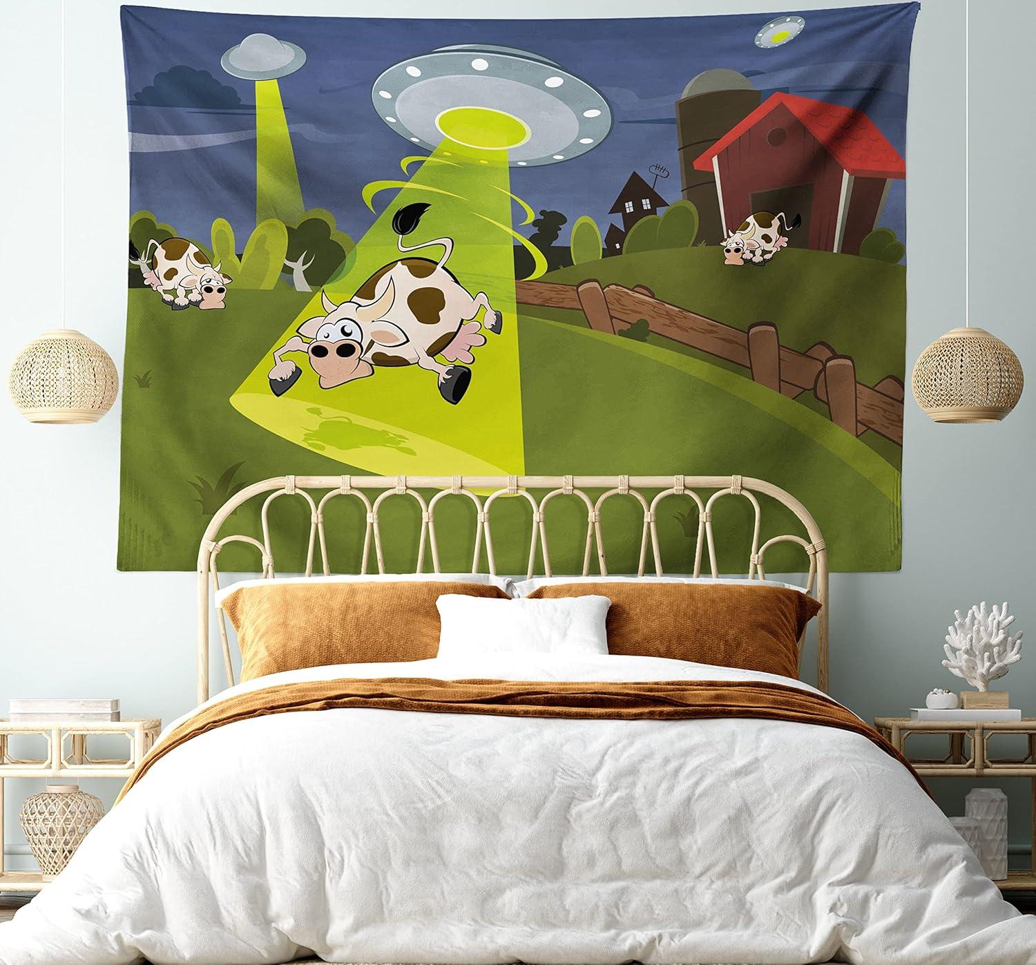 imageAmbesonne Cartoon Tapestry Farm Warehouse Grass Fences Cow Alien Abduction Funny Comics Image Art Print Fabric Wall Hanging Decor for Bedroom Living Room Dorm 45 X 30 Brown Green