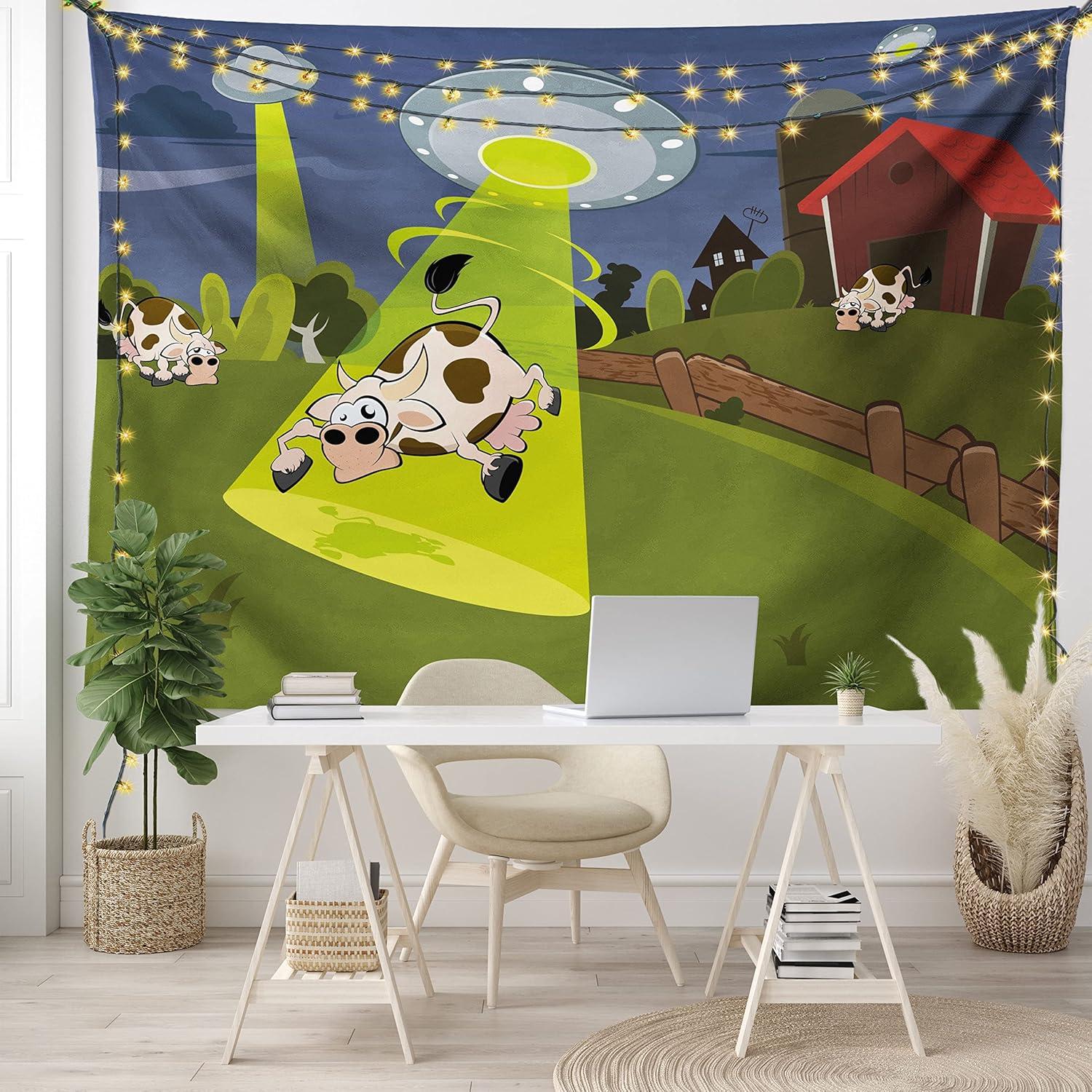 imageAmbesonne Cartoon Tapestry Farm Warehouse Grass Fences Cow Alien Abduction Funny Comics Image Art Print Fabric Wall Hanging Decor for Bedroom Living Room Dorm 45 X 30 Brown Green