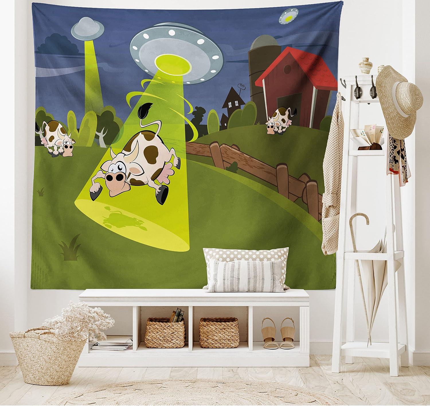 imageAmbesonne Cartoon Tapestry Farm Warehouse Grass Fences Cow Alien Abduction Funny Comics Image Art Print Fabric Wall Hanging Decor for Bedroom Living Room Dorm 45 X 30 Brown Green