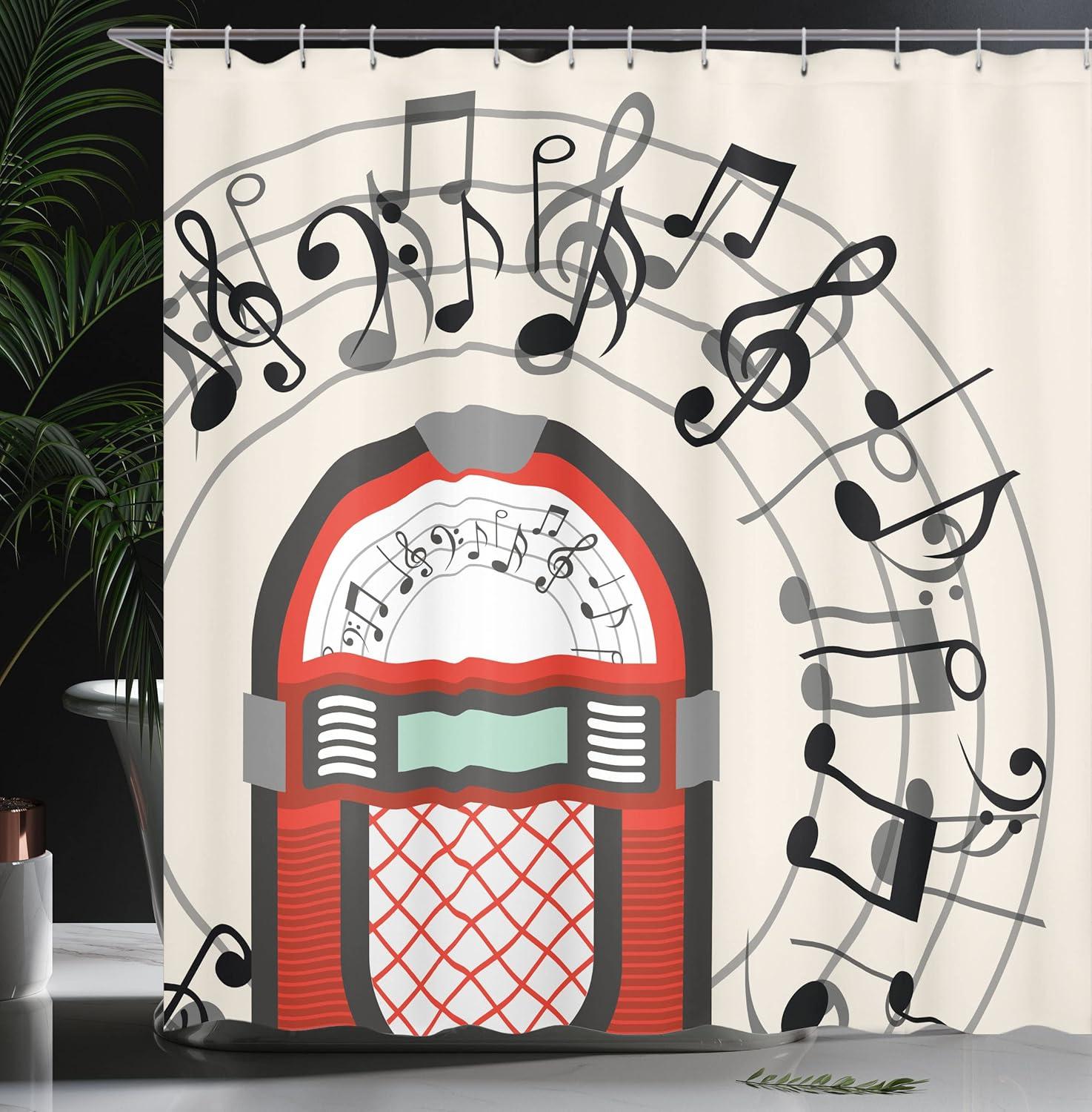 imageAmbesonne Jukebox Shower Curtain Cartoon Antique Old Vintage Radio Music Box Party Notes Art Cloth Fabric Bathroom Decor Set with Hooks 69 W x 75 L Red Black Grey
