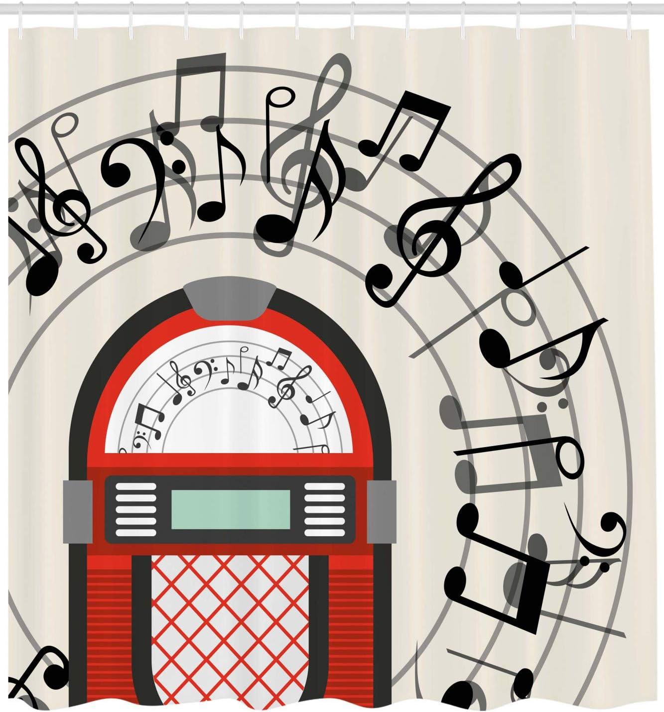 imageAmbesonne Jukebox Shower Curtain Cartoon Antique Old Vintage Radio Music Box Party Notes Art Cloth Fabric Bathroom Decor Set with Hooks 69 W x 75 L Red Black Grey