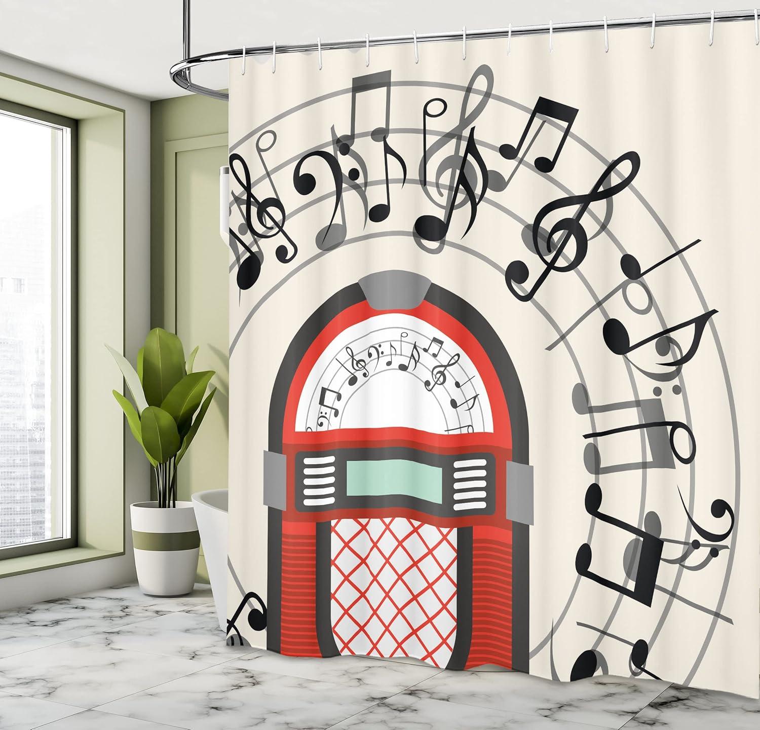 imageAmbesonne Jukebox Shower Curtain Cartoon Antique Old Vintage Radio Music Box Party Notes Art Cloth Fabric Bathroom Decor Set with Hooks 69 W x 75 L Red Black Grey