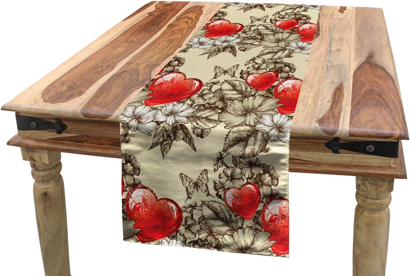 imageAmbesonne Love Table Runner Pattern Valentines Day with Flowers and Butterfly Holiday Love Antiquity Vintage Rectangle Scarf for Dining Room Kitchen Table Setting Decor 12 X 72 Beige Brown RedBeige Brown Red