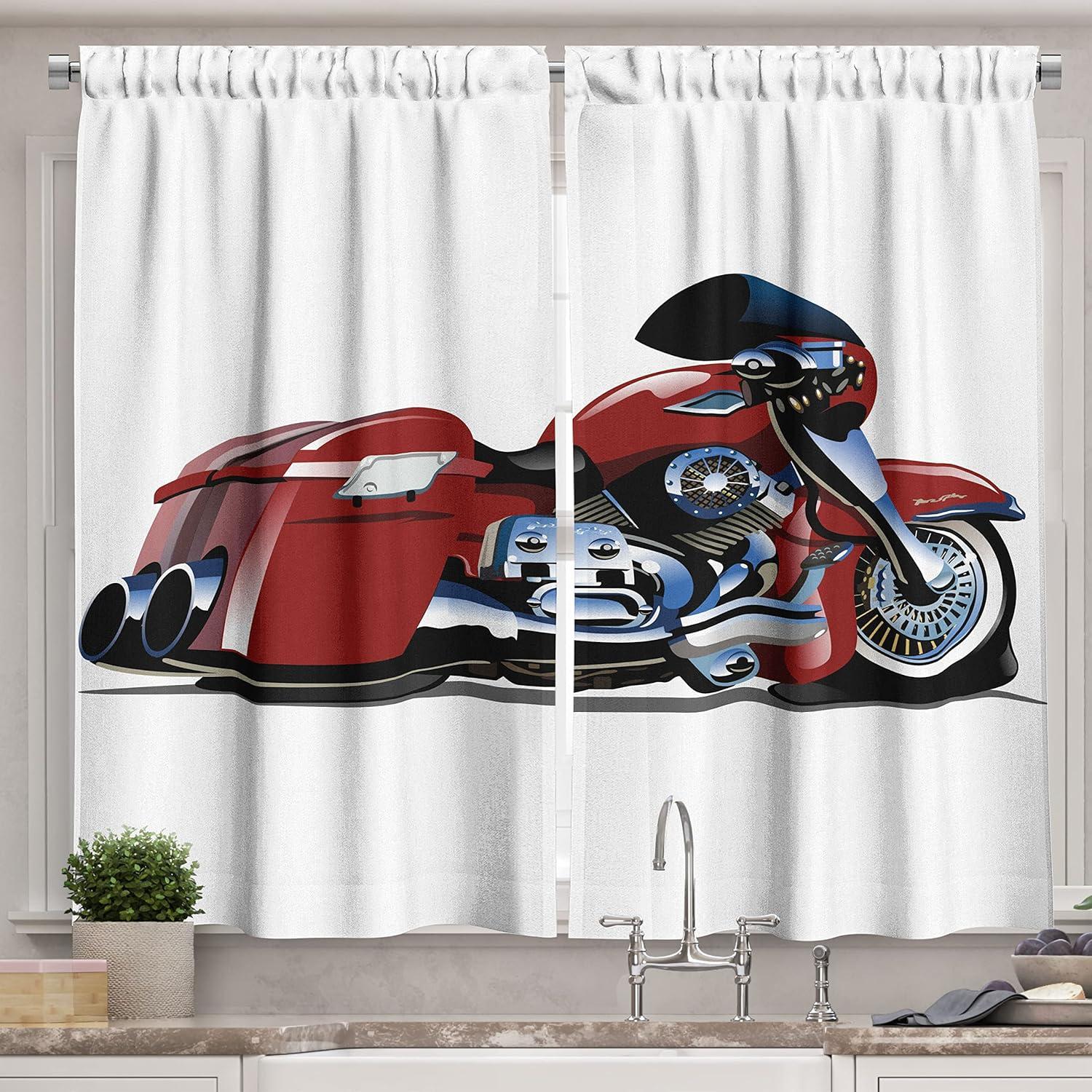 imageAmbesonne Red Kitchen Curtains Cartoon Style Motorcycle Bike Illustration on The White Background Design Print Window Drapes 2 Panel Set for Kitchen Cafe Decor 55 X 39 Black RubyBlack Ruby