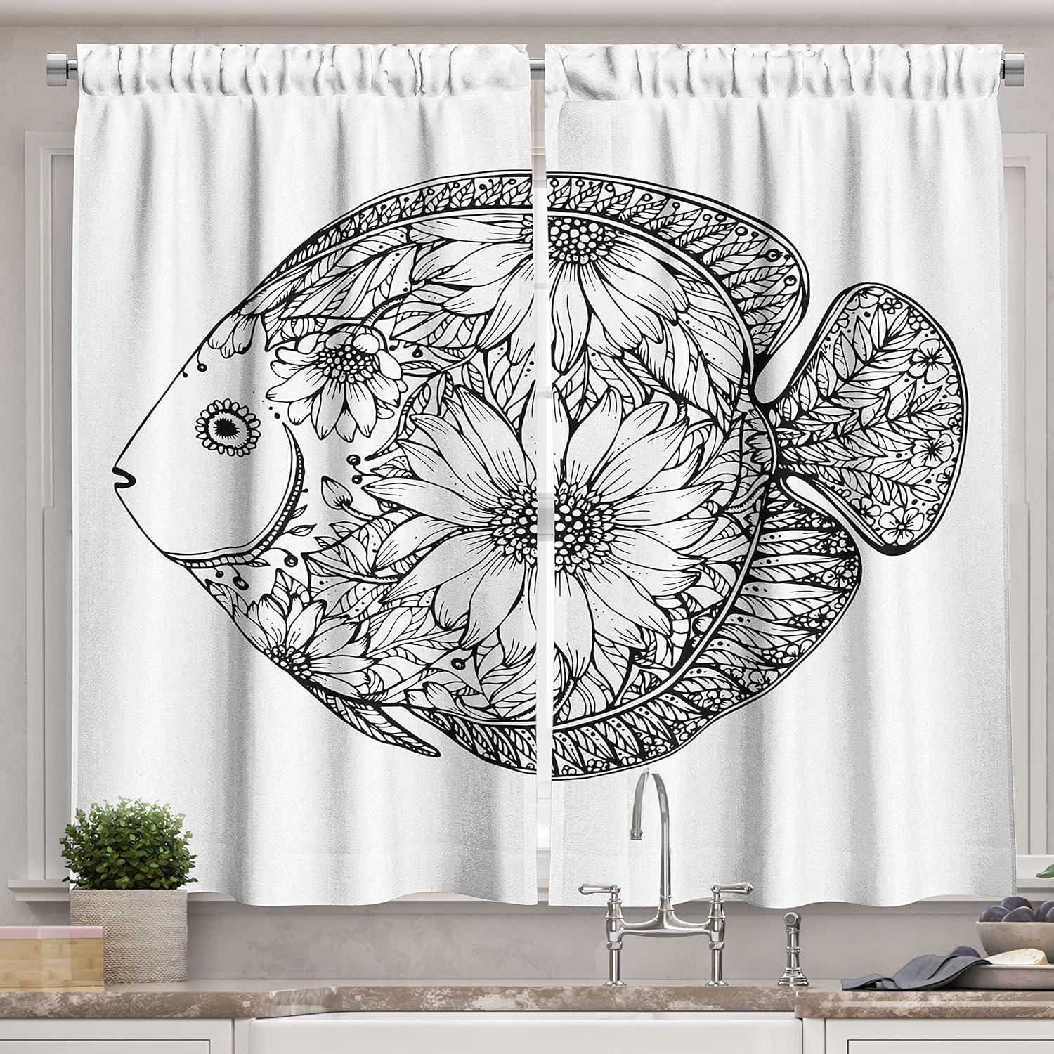 imageAmbesonne Red Kitchen Curtains Cartoon Style Motorcycle Bike Illustration on The White Background Design Print Window Drapes 2 Panel Set for Kitchen Cafe Decor 55 X 39 Black RubyWhite and Black