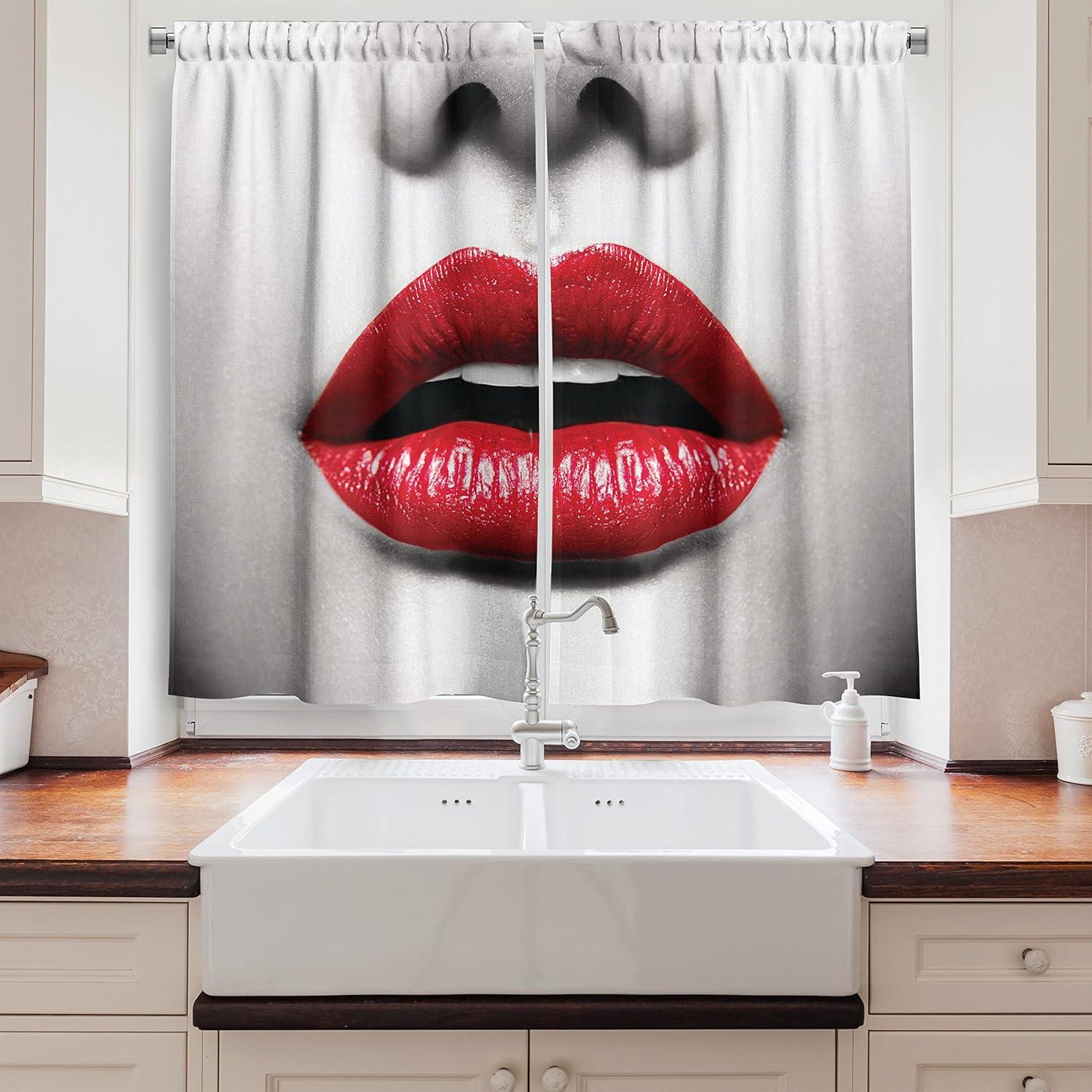 imageAmbesonne Red Kitchen Curtains Cartoon Style Motorcycle Bike Illustration on The White Background Design Print Window Drapes 2 Panel Set for Kitchen Cafe Decor 55 X 39 Black RubyGrey Scarlet
