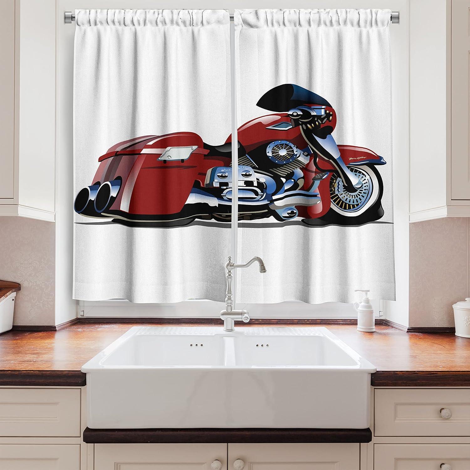 imageAmbesonne Red Kitchen Curtains Cartoon Style Motorcycle Bike Illustration on The White Background Design Print Window Drapes 2 Panel Set for Kitchen Cafe Decor 55 X 39 Black RubyBlack Ruby