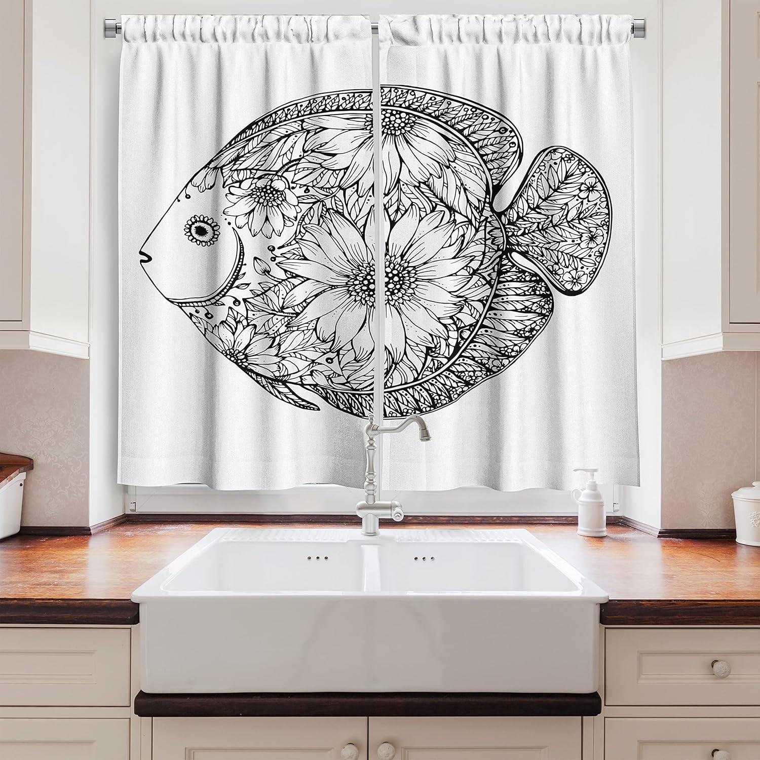 imageAmbesonne Red Kitchen Curtains Cartoon Style Motorcycle Bike Illustration on The White Background Design Print Window Drapes 2 Panel Set for Kitchen Cafe Decor 55 X 39 Black RubyWhite and Black