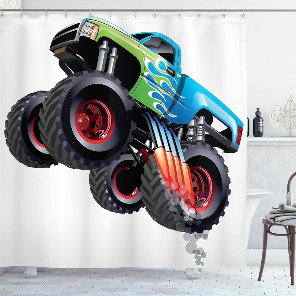imageAmbesonne Cars Shower Curtain Cartoon Monster Truck Cool Vehicle Modified to The Perfection Colorful Design Cloth Fabric Bathroom Decor Set with Hooks 69 W x 84 L Aqua Green Black