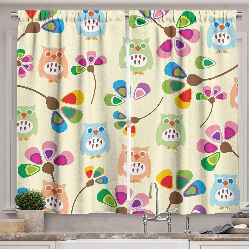 imageAmbesonne Cartoon Kitchen Curtains Design Owls with Flowers Leaves Branches Design for Kid Nursery Room Landscape Window Drapes 2 Panel Set for Kitchen Cafe Decor 55 x 39 Pastel Beige