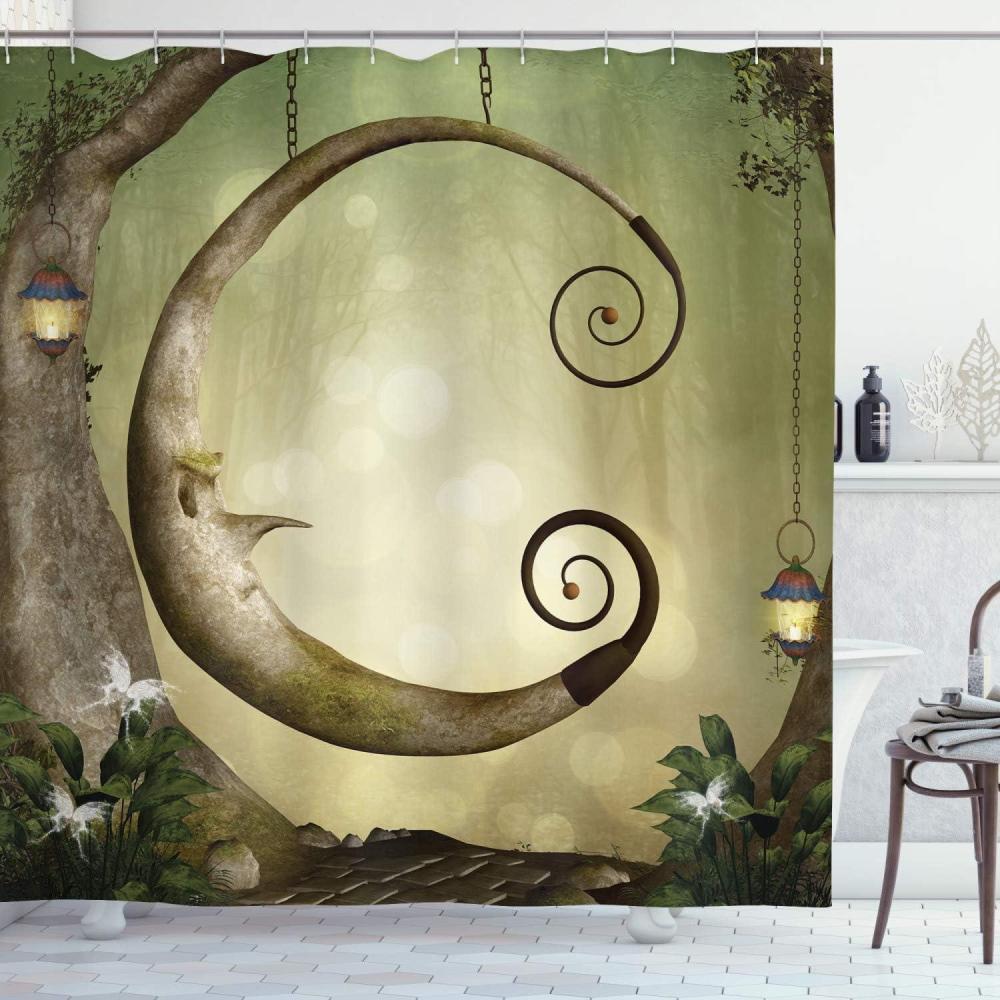 imageAmbesonne Cartoon Shower Curtain Forest Secret Swing Old Tree Curly Half Moon Shaped Lamps Butterflies Print Cloth Fabric Bathroom Decor Set with Hooks 69 W x 75 L Brown KhakiBrown Khaki