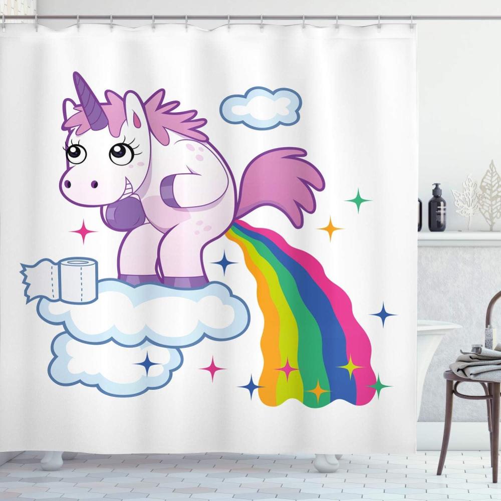 imageAmbesonne Cartoon Stall Shower Curtain Happy Rubber Duck and Bubbles Pattern Theme Art Fabric Bathroom Decor Set with Hooks 36 W x 72 L Yellow AquaPale Purple
