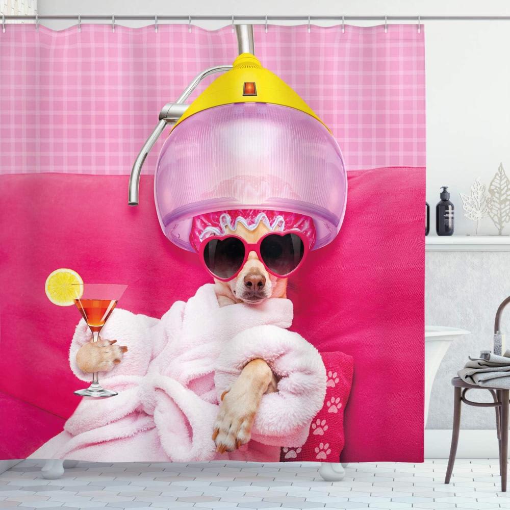 imageAmbesonne Cartoon Stall Shower Curtain Happy Rubber Duck and Bubbles Pattern Theme Art Fabric Bathroom Decor Set with Hooks 36 W x 72 L Yellow AquaPink Magenta