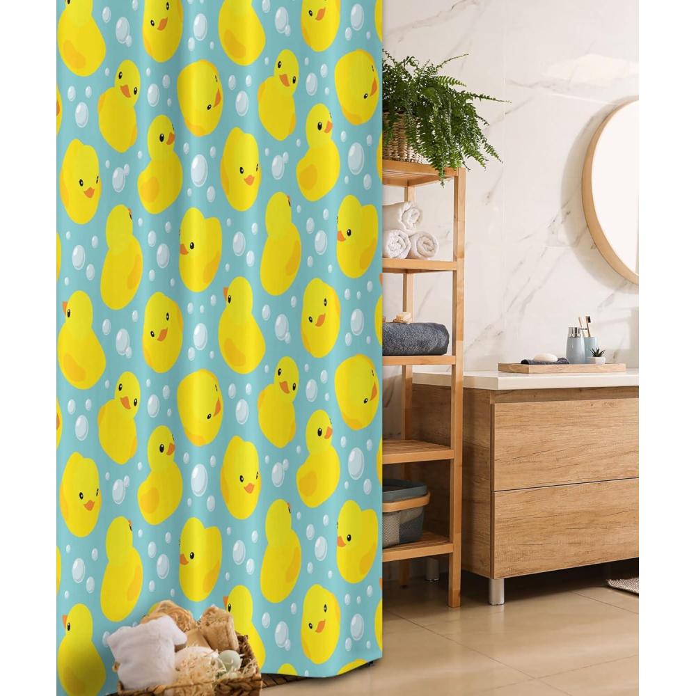 imageAmbesonne Cartoon Stall Shower Curtain Happy Rubber Duck and Bubbles Pattern Theme Art Fabric Bathroom Decor Set with Hooks 36 W x 72 L Yellow AquaYellow Aqua