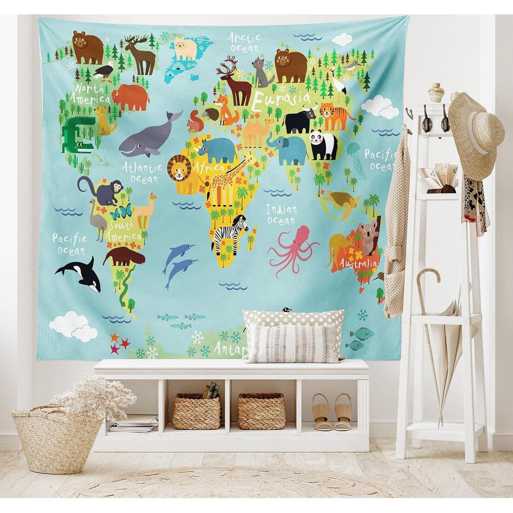 imageAmbesonne Cartoon Tapestry Animal Map of the World for Cartoon Mountains Forests Happy Atlas Fabric Wall Hanging Decor for Bedroom Living Room Dorm 45 X 30 Yellow Green and Pale Blue