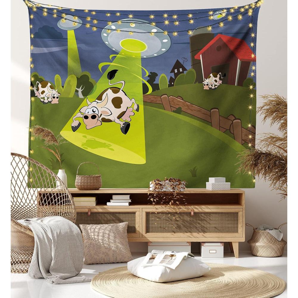 imageAmbesonne Cartoon Tapestry Farm Warehouse Grass Fences Cow Alien Abduction Funny Comics Image Art Print Fabric Wall Hanging Decor for Bedroom Living Room Dorm 45 X 30 Brown Green