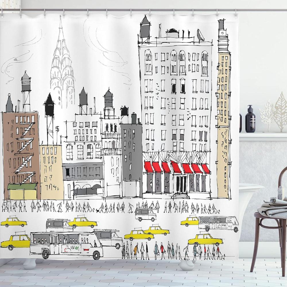 imageAmbesonne City Love Shower Curtain Busy City Traffic Jam Yellow Taxi Cab Urban Life Cartoon Design Modern Style Art Cloth Fabric Bathroom Decor Set with Hooks 69 W x 70 L Gray Red