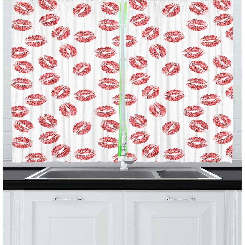 imageAmbesonne Feminine Kitchen Curtains Pattern of Lipstick Kiss Marks Woman Valentines Wedding Theme Illustration Window Drapes 2 Panel Set for Kitchen Cafe Decor 55 x 30 White Red