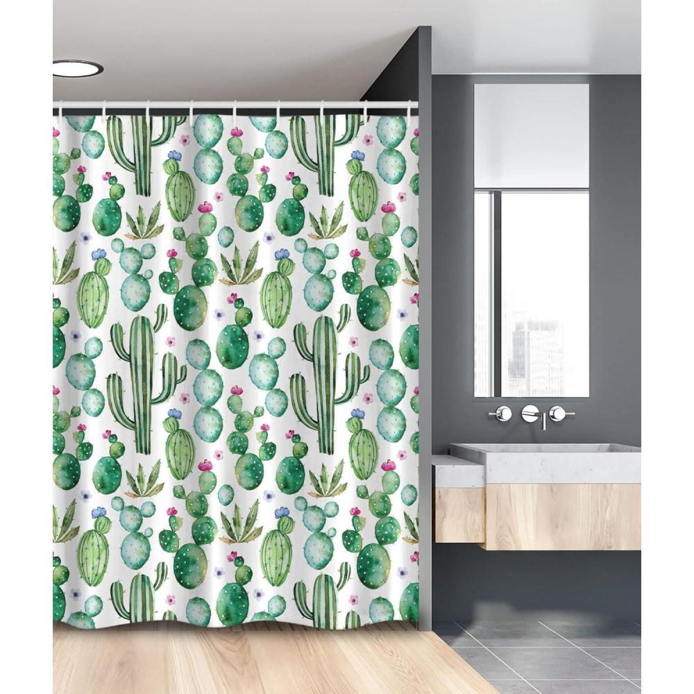 imageAmbesonne Green Stall Shower Curtain Mexican Texas Cactus Plants Spikes Cartoon Like Print Fabric Bathroom Decor Set with Hooks 54 W x 78 L Lime Green Pale Pink