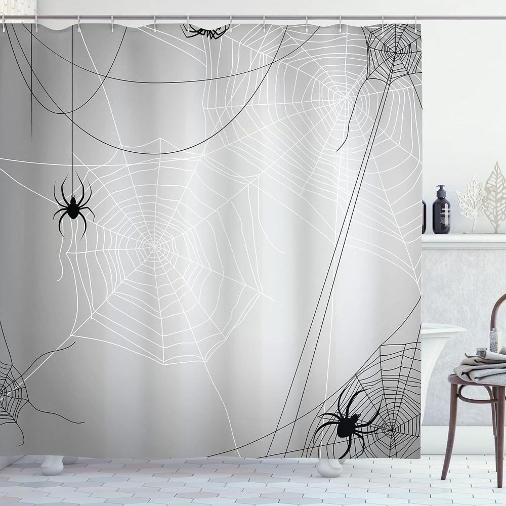 imageAmbesonne Halloween Shower Curtain Spiders Hanging from Their Traps Horror Inspired Design Grayscale Cartoon Cloth Fabric Bathroom Decor Set with Hooks 69 W x 70 L Charcoal Grey WhiteCharcoal Grey White