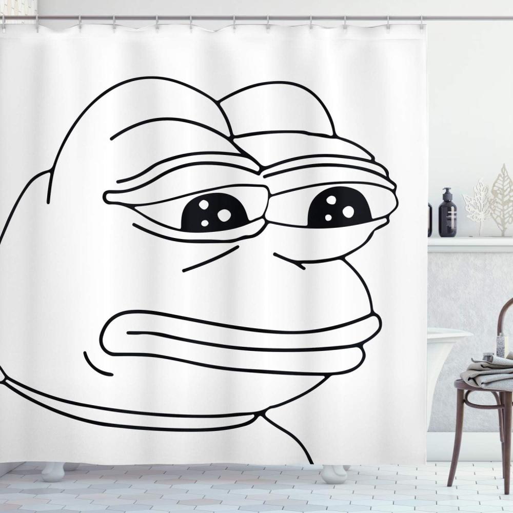 imageAmbesonne Humor Shower Curtain Melancholic Frog Meme Cartoon Face Almost Crying Emotion Expression Design Print Cloth Fabric Bathroom Decor Set with Hooks 69 W x 70 L Black White