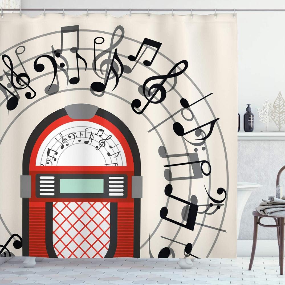 imageAmbesonne Jukebox Shower Curtain Cartoon Antique Old Vintage Radio Music Box Party Notes Art Cloth Fabric Bathroom Decor Set with Hooks 69 W x 75 L Red Black Grey