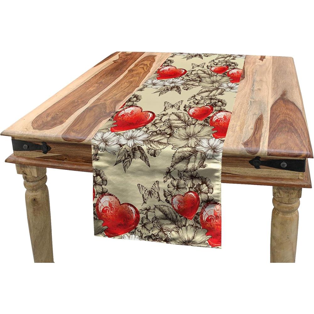 imageAmbesonne Love Table Runner Pattern Valentines Day with Flowers and Butterfly Holiday Love Antiquity Vintage Rectangle Scarf for Dining Room Kitchen Table Setting Decor 12 X 72 Beige Brown RedBeige Brown Red