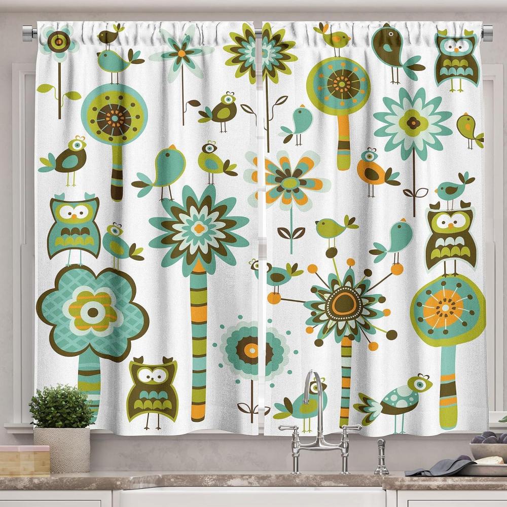 imageAmbesonne Modern Kitchen Curtains Graphic Cartoon Style Shaped Image Birds Florals Trees Geometrical Artwork Print Window Drapes 2 Panel Set for Kitchen Cafe Decor 55 x 39 MulticolorMulti Color