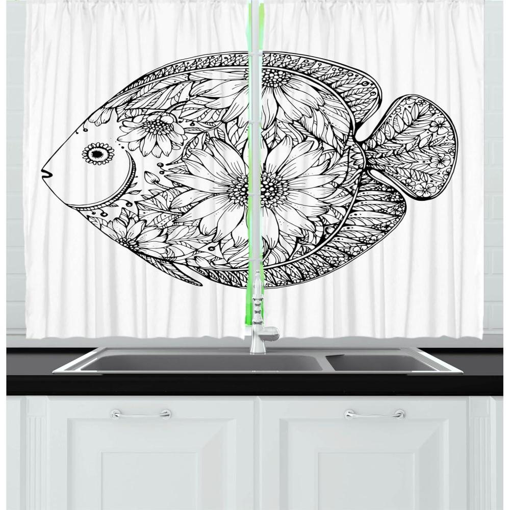 imageAmbesonne Red Kitchen Curtains Cartoon Style Motorcycle Bike Illustration on The White Background Design Print Window Drapes 2 Panel Set for Kitchen Cafe Decor 55 X 39 Black RubyWhite and Black
