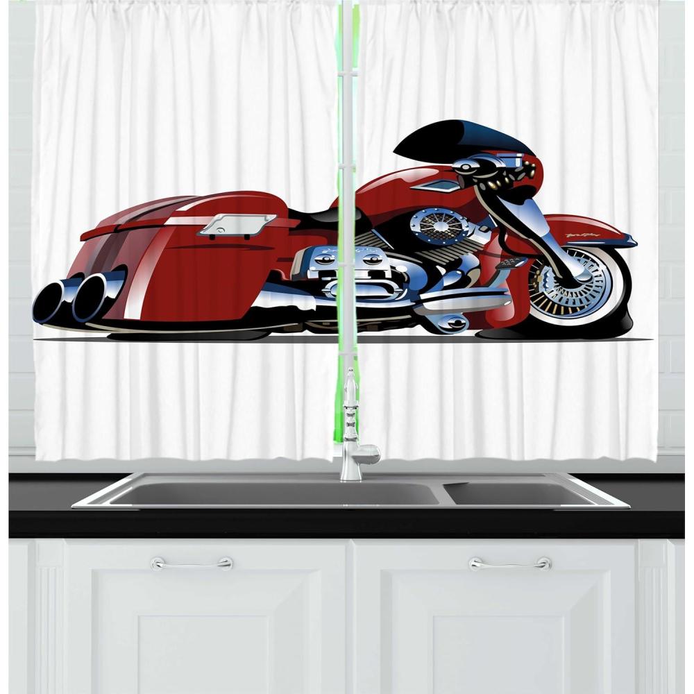 imageAmbesonne Red Kitchen Curtains Cartoon Style Motorcycle Bike Illustration on The White Background Design Print Window Drapes 2 Panel Set for Kitchen Cafe Decor 55 X 39 Black RubyBlack Ruby