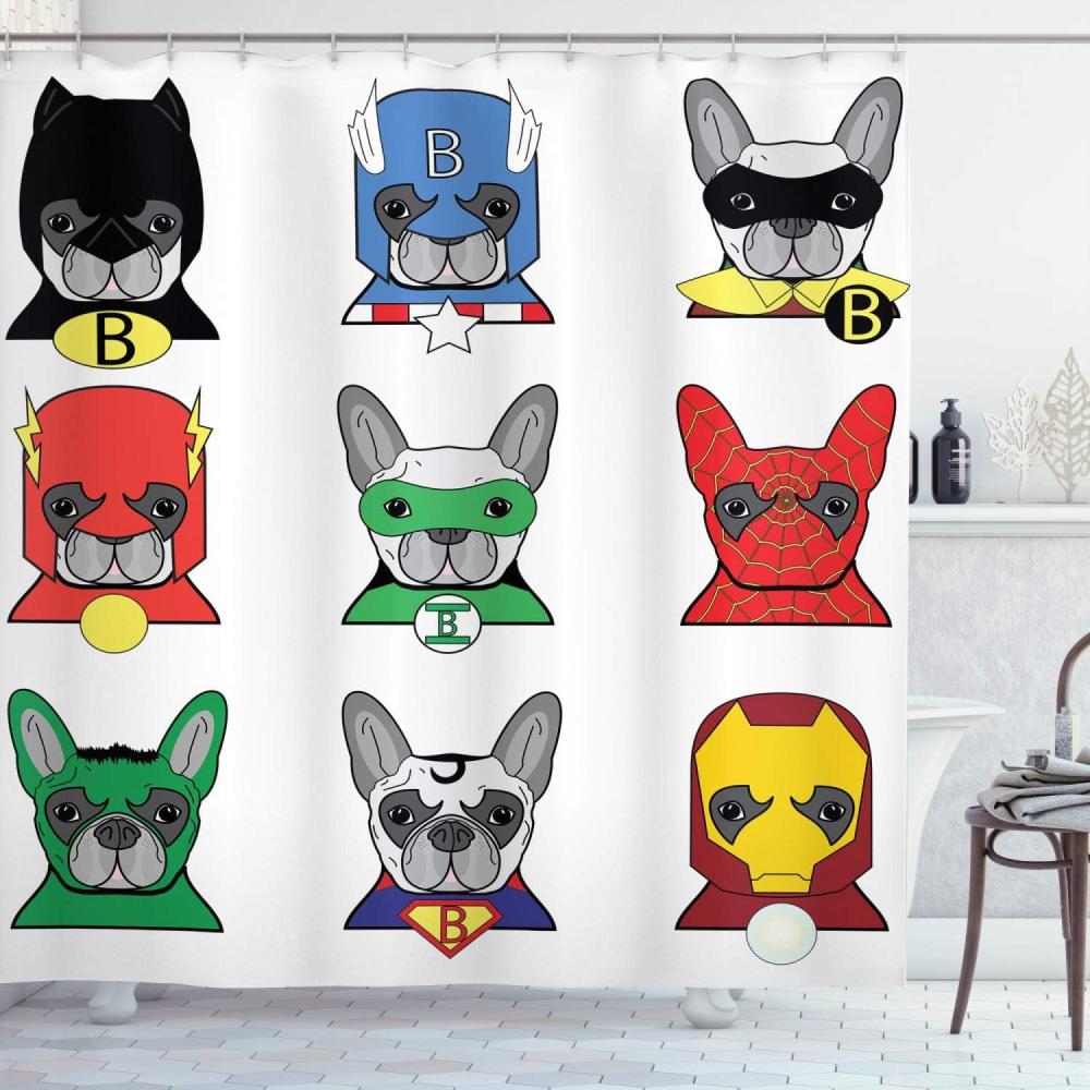 imageAmbesonne Superhero Shower Curtain Bulldog Superheroes Fun Cartoon Puppies in Disguise Costume Dogs Print Cloth Fabric Bathroom Decor Set with Hooks 69 W x 84 L Vermilion GreenVermilion Green