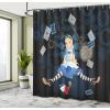 Ambesonne Alice in Wonderland Shower Curtain, Grown Giant Girl Sitting Flying Cards and Rose Checkered Cartoon, Cloth Fabric Bathroom Decor Set with Hooks, 69″ W x 75″ L, Dark Blue Charcoal Grey