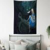 Ambesonne Alice in Wonderland Tapestry, Alice Sitting on Branch and Chescire Cat in Darkness Cartoon Style, Wall Hanging for Bedroom Living Room Dorm Decor, 40″ X 60″, Dark Green