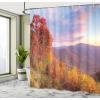 Ambesonne Cartoon Shower Curtain, Forest Secret Swing Old Tree Curly Half Moon Shaped Lamps Butterflies Print, Cloth Fabric Bathroom Decor Set with Hooks, 69″ W x 75″ L, Brown Khaki(Orange Green)