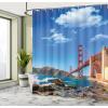 Ambesonne Cartoon Shower Curtain, Forest Secret Swing Old Tree Curly Half Moon Shaped Lamps Butterflies Print, Cloth Fabric Bathroom Decor Set with Hooks, 69″ W x 75″ L, Brown Khaki(Blue)