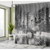 Ambesonne Cartoon Shower Curtain, Forest Secret Swing Old Tree Curly Half Moon Shaped Lamps Butterflies Print, Cloth Fabric Bathroom Decor Set with Hooks, 69″ W x 75″ L, Brown Khaki(Dimgrey)